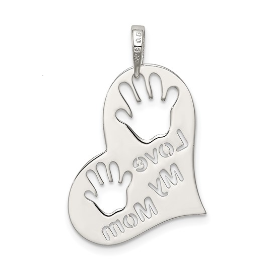 925 Sterling Silver Polished "Love My Mom" Heart Pendant