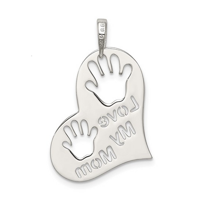 925 Sterling Silver Polished "Love My Mom" Heart Pendant
