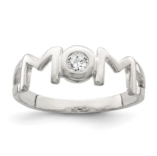 925 Sterling Silver Rhodium Diamond "MOM" Heart Ring