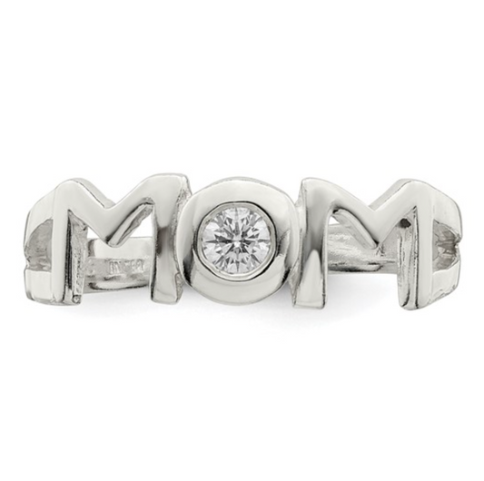 925 Sterling Silver Rhodium Diamond "MOM" Heart Ring