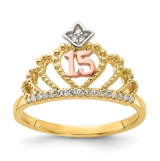 10K Tri-Color Diamond “15” Quinceañera Crown Ring