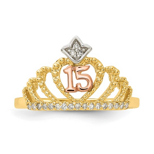 10K Tri-Color Diamond “15” Quinceañera Crown Ring