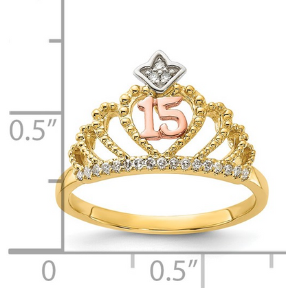 10K Tri-Color Diamond “15” Quinceañera Crown Ring