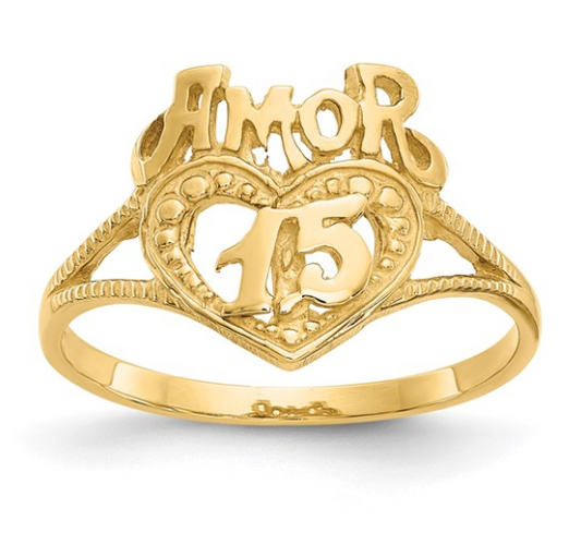 14K Yellow Gold AMOR “15” Quinceañera Heart Ring