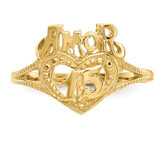 14K Yellow Gold AMOR “15” Quinceañera Heart Ring
