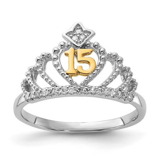 10K Two-Tone Diamond “15” Quinceañera Crown Ring (0.10 CT)