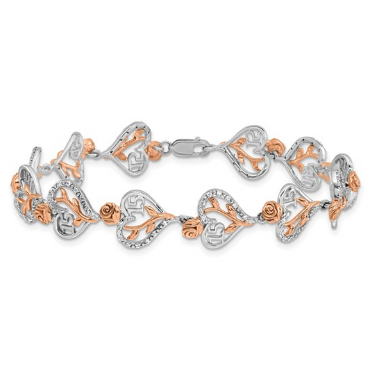 14K White & Rose Gold Diamond Quinceañera “15” Heart Bracelet (1/3 CT)