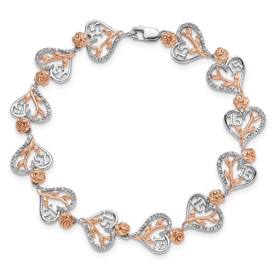 14K White & Rose Gold Diamond Quinceañera “15” Heart Bracelet (1/3 CT)