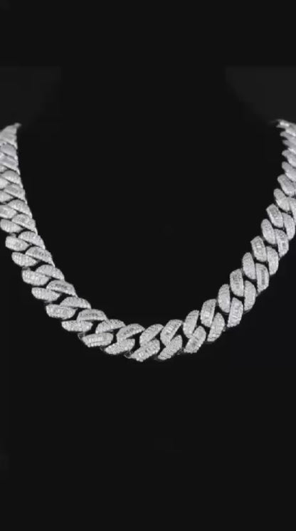 Silver Moissanite Alternate Baguette Cuban Link Necklace | 22" Iced Out VVS Chain