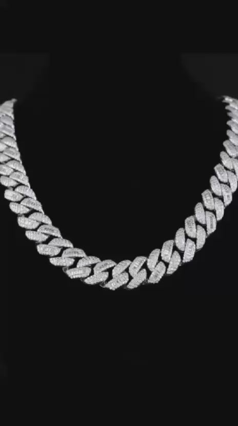 Silver Moissanite Alternate Baguette Cuban Link Necklace | 22" Iced Out VVS Chain