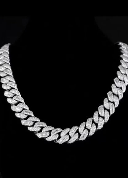 Silver Moissanite Alternate Baguette Cuban Link Necklace | 22" Iced Out VVS Chain