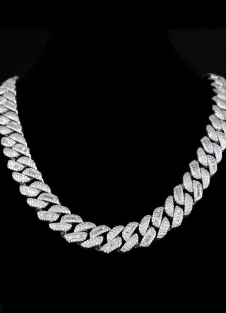 Silver Moissanite Alternate Baguette Cuban Link Necklace | 22" Iced Out VVS Chain