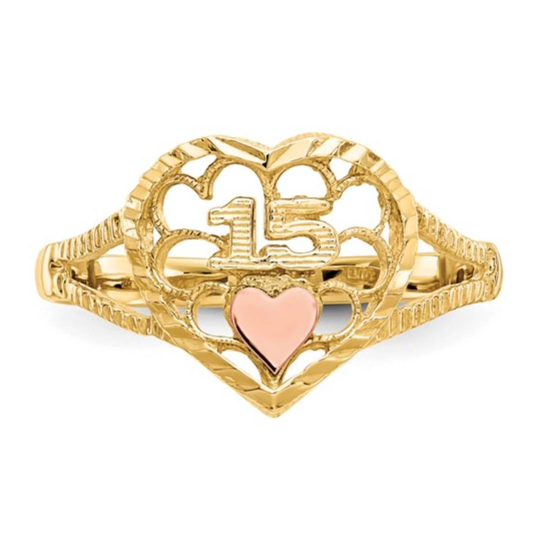 14K Two-Tone Quinceañera “15” Heart Ring – Diamond Cut Gold