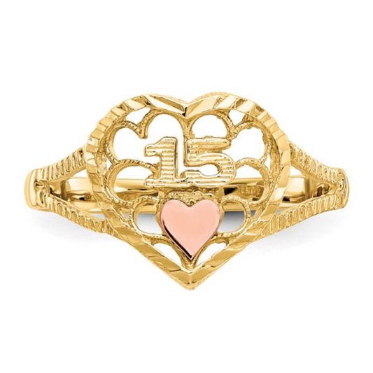 14K Two-Tone Quinceañera “15” Heart Ring – Diamond Cut Gold