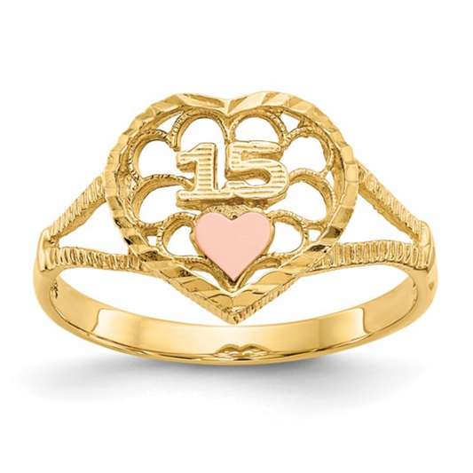 14K Two-Tone Quinceañera “15” Heart Ring – Diamond Cut Gold