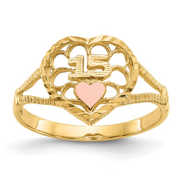 14K Two-Tone Quinceañera “15” Heart Ring – Diamond Cut Gold