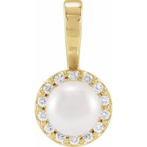 14K Yellow Cultured White Akoya Pearl  & 1/10 CTW Natural Diamond Pendant